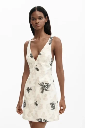 Embroidered Strap Dress with Branches