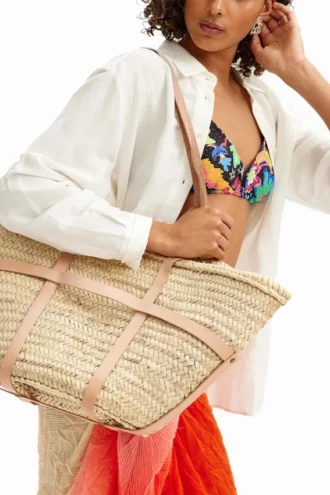 L Leather Wicker Basket