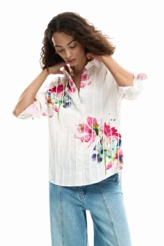 Pleated Long-Sleeve Floral Shirt