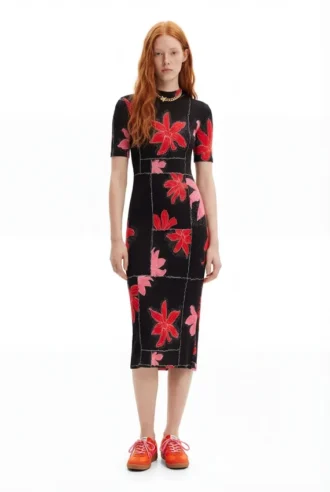Ribbed Floral Midi Dress