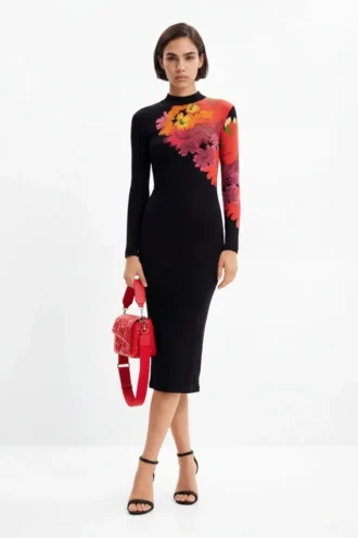 Ribbed Floral Midi Dress