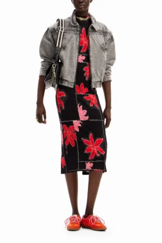 Ribbed Floral Midi Dress